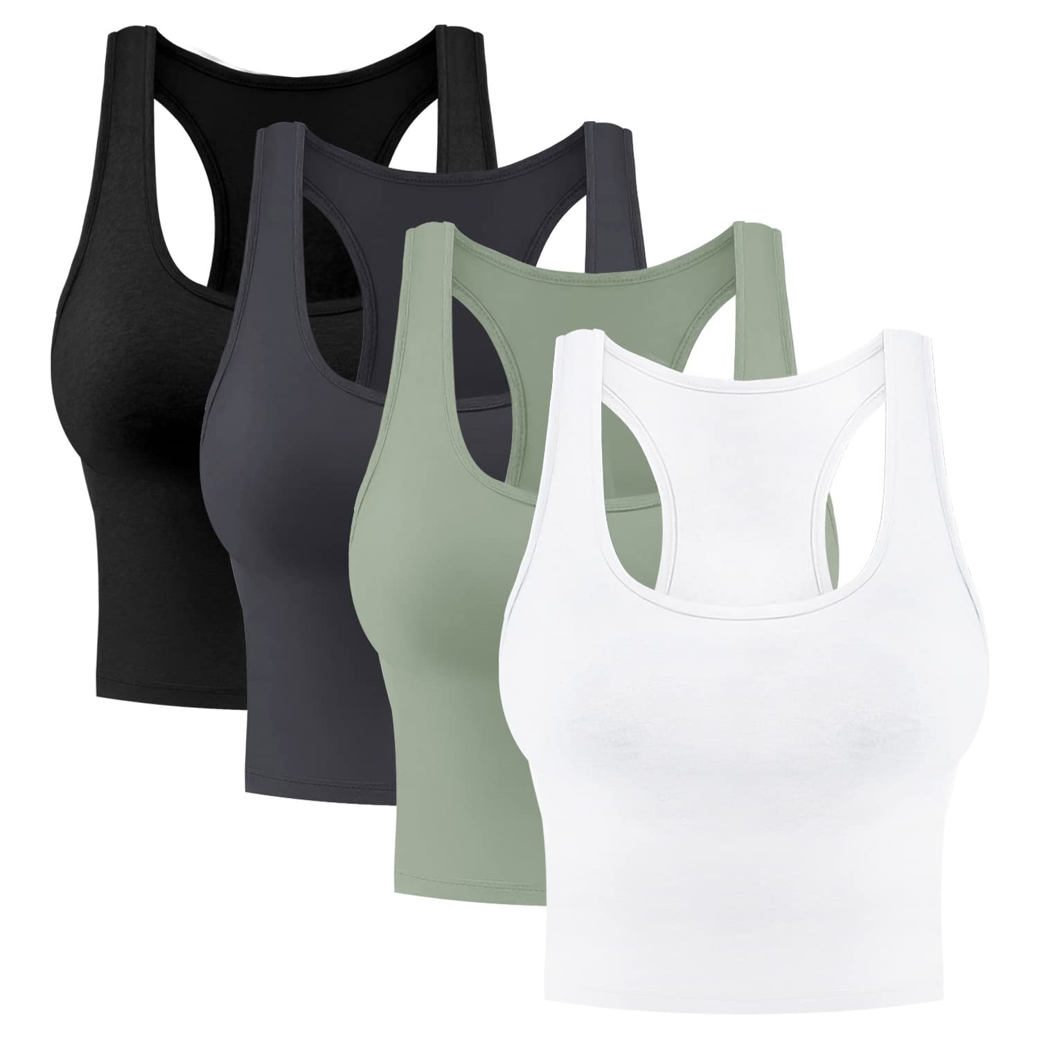 Photo 1 of 4 Pieces Women's Crop Tops Cotton Basic Tank Tops Racerback Sleeveless Sports Workout Crop Tank Tops