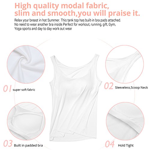 HBY Womens Camisole Built-In Shelf Padded Bra Cami Bra Straps Tank Top Solid White