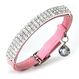 CHUKCHI Soft Velvet Safe Cat Adjustable Collar Bling Diamante With Bells,11 inch for small dogs and cats (Pink)