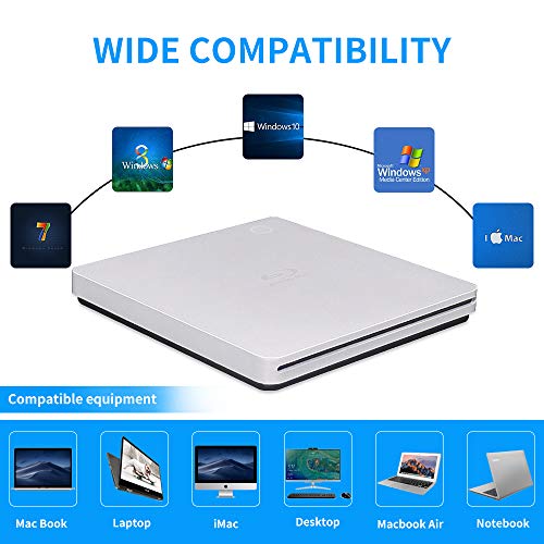 External USB Blu Ray Drive, USB3.0 and Type-c 3D Bluray BD CD DVD Drive Burner Slim Slot-in Optical Player RW for Laptop Desktop MacBook OS Linux Windows XP 7 8 10 PC iMac Laptop