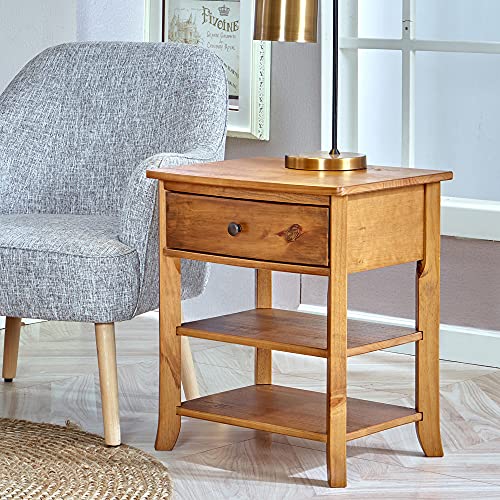 MUSEHOMEINC Rustic Wood 3Tier Nightstand with Storage Shelf and Drawer