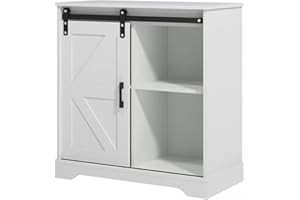 Panana Sliding Barn Door Buffet Sideboard Storage Cabinet Coffee Bar Kitchen Farmhouse Style (White)