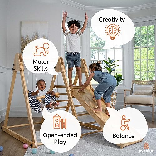 4-in-1 Juniper Indoor Play Gym - Jungle Gym Playset with Baby Swing, Slide, Ladder, & Climbing Wall - Foldable Wooden Playset for Kids