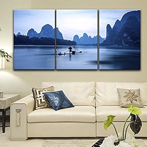 3 Panel Canvas Wall Art - Fisherman and Boat on Calm River Among Mountains in The Evening - Giclee Print Gallery Wrap Modern Home Art Ready to Hang - 16"x24" x 3 Panels