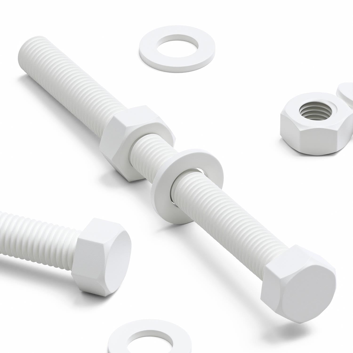 10x White Hex Head Screws Polypropylene (PP) Plastic Nuts and Bolts, Washers, M8 x 100mm, Acrylic, Water Resistant, Anti-Corrosion, Chemical Resistant, Strong.
