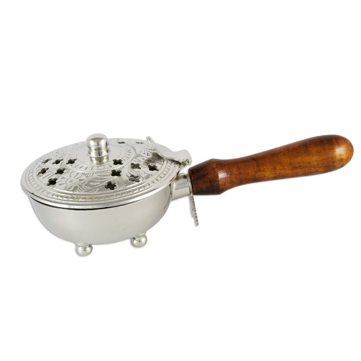 Incense pan with handle wood real brass nickel plated Ø 9cm Incense pan handmade 20cm long for incense incense operating mode incense coal 2176