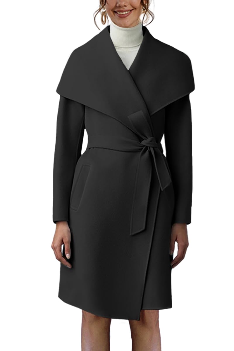 Photo 1 of (medium)(missing belt) Cicy Bell Women's Pea Trench Coat Lapel Collar Long Jacket Open Front Belted Overcoat with Pockets
