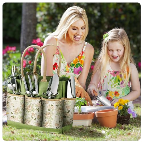 Grenebo Garden Tool Set, 9 Pieces Garden Tool with Garden Tools Organiser Handbag, Rustproof and Ergonomic Garden Tools Set, Ideal Garden Gifts for Women for Garden Lovers