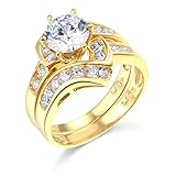 TWJC 14k Yellow Gold SOLID Wedding Engagement Ring and Wedding Band 2 Piece Set - Size 5