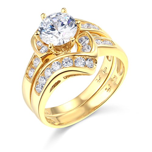 TWJC 14k Yellow Gold SOLID Wedding Engagement Ring and Wedding Band 2 Piece Set - Size 5