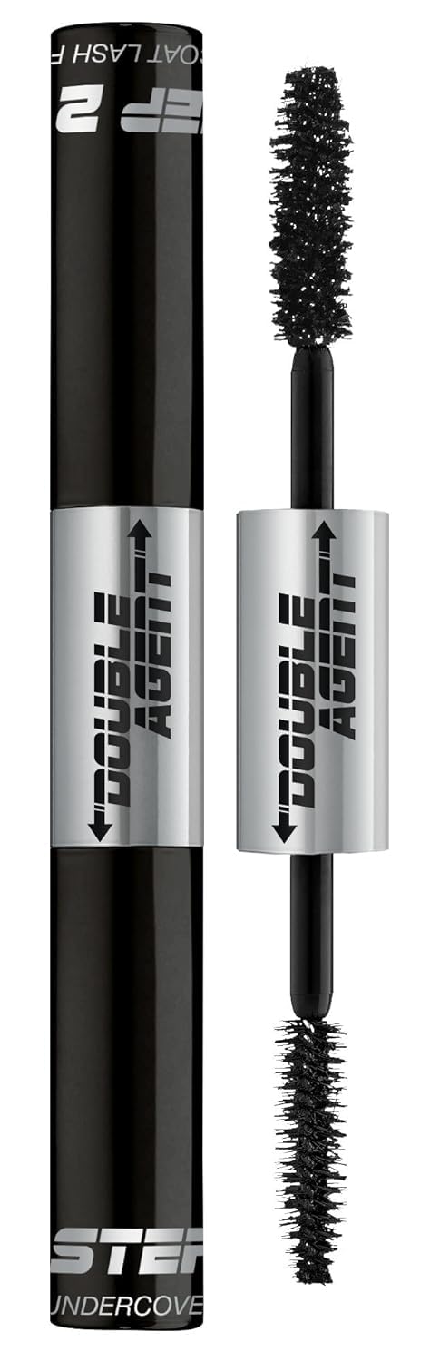 Palladio Double Agent Lash Extender Undercover Fiber Booster Mascara, dual lash system, increase eyelash length and volume, boost lashes for a bold dramatic look, voluminous makeup mascara, Jet Black