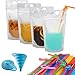 100 Pcs Zipper Plastic Pouches Drink Bags,Heavy Duty Hand-Held Translucent Frosted Reclosable Stand-up Bag 2.4" Bottom Gusset with 100pcs Straws & Funnel Included primary