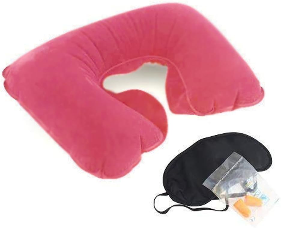 ONEK 3 in 1 Travel Sleep Support - Neck Pillow, Eye Mask and Ear Plugs, Inflatable Pillow (Pink)