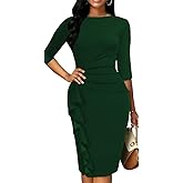 Yajedo Church Dresses for Women 3/4 Sleeve Bodycon Ruffle Vintage Wear to Work Pencil Midi Dress