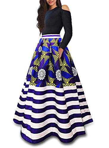 VLUNT Women's African Floral Print A Line Long Skirt Pockets Two Pieces Maxi Dress,Blue,Large