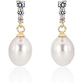 Finatso 18K Gold Plated Sterling Silver Dangle White Drop Handpicked Quality Freshwater Cultured Pearl Wedding Earrings with Cubic Zirconia Crystals Pearl Bridal Earrings Jewelry for Brides