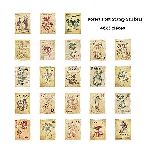 138 Pcs/3 Sets Post Stamp Stickers Retro Cute Plants/Animals Decorative Sticker Square Adhesive Sticker Envelope/Bag Seal by EORTA for Diary Planner Bottles Scrapbook DIY Craft Gift, Forest Theme