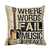 Where Words Fall Music Speaks Quote Throw Pillow Case Vintage Cushion Cover Guitar Pillowcase 18x18 Twin Sides by Piillow