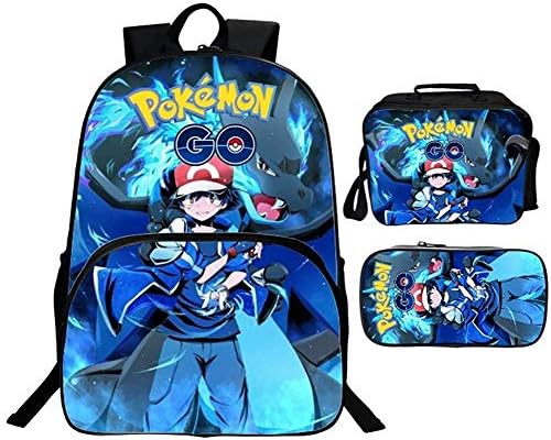 Backpacks for Primary School 3D Pokemon Printing Student Backpack + Lunch Bag + Pencil Case, Teen Girls & Boys School Bookbag