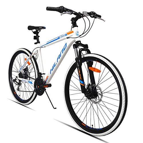 Hiland 26 Inch Mountain Bike MTB Bicycle with 18 Inch Steel Frame Kickstand Disc-Brake Suspension Fork Cycling Urban Commuter City Bicycle White Blue