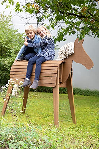 roba Solid Wood Riding Horse for Children – Weather Resistant – Seat Height 89 cm – Aerobatic Horse for Boys and Girls from 3 Years – Tinted Teak
