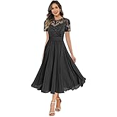 XONHS Women's Tea Length Chiffon Mother of The Bride Dresses with Sleeve Lace Appliques Ruched Mother Dress for Wedding