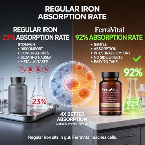 FerraVital Ferritin Support Iron Supplement for Women – Supports Healthy Iron & Energy Levels – with Ferrous Glycine,Vitamin C, B12, B6, Folate, Zinc & Probiotics – 60 Capsules(1pc)