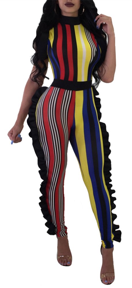Speedle Womens Sleeveless Stripe High Neck Ruffle High Waist Bodyocn Jumpsuits Long Romper Pants
