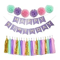 Mefuny Perfect Purple Happy Birthday Banner Decoration Set Fluffy Pom Poms with Tassel Garland for Party Hanging Decoration Favor