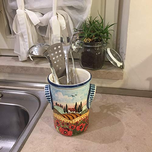CERAMICHE D'ARTE PARRINI- Italian Ceramic Utensil Holder Vessel Hand Painted Made in ITALY Decorated Landscape Poppies Tuscan Art Pottery - Thumbnail 2