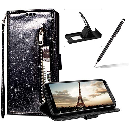 Glitter Wallet Case for Huawei Mate 10 Lite,Strap Zipper Leather Case for Huawei Mate 10 Lite,Herzzer Noble Luxury Black Sparkle Magnetic Pu Leather Card Slots Stand Cover with Soft Silicone