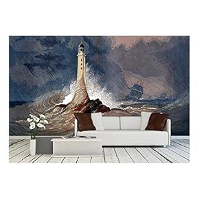 an Engraved Vintage Colour Illustration of Eddystone Lighthouse - Removable Wall Mural | Self-Adhesive Large Wallpaper - 66x96 inches