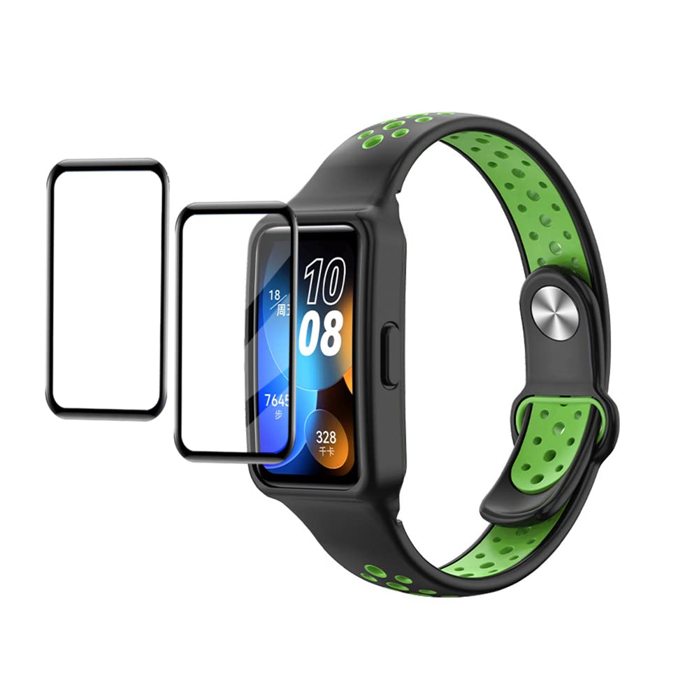 QINOUK Silicone Strap for Huawei Band 8, Soft Silicone Replacement Band, Two-tone Strap, [2 Pack] Protective film, for Huawei Band 8-Black Green