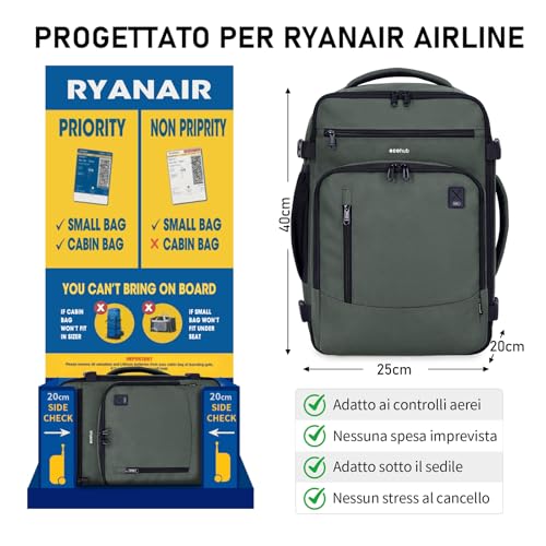 ECOHUB Ryanair Ryanair Backpack 40 x 20 x 25 cm Hand Luggage 40 x 20 x 25 cm Ryanair Travel Backpack Travel Bag Eco Recycled PET Tote Bag 20 Litres, Patented Military Green