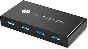 USB 3.0 Switch Selector, 2 Computer Sharing 4 USB Devices, Peripheral Switcher Box for Mouse Keyboard Scanner Printer PC, with One Button Swapping and 2 Pack USB 3.0 Cable