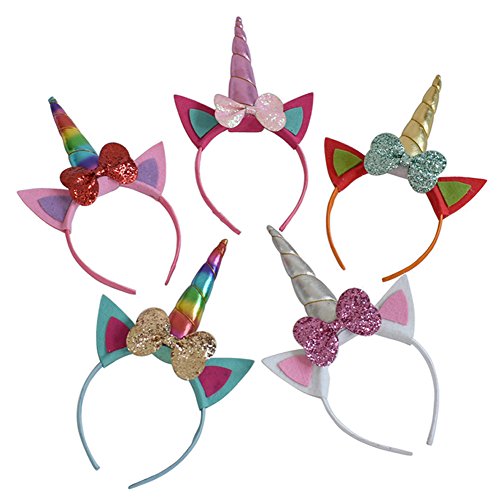 5PCS Glitter Unicorn Horn Headband, Flower Ears Headbands for Party Cosplay Costume (Pack A (5PCS))