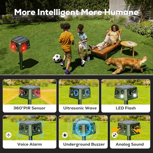 outsweat Outdoor Cat Repellent, 360° Ultrasonic Solar Mole Repellent with Motion Detector and Flashing Light, Waterproof IP66 5 Modes Snake Repellent for Voles Wild Raccoon Rabbit