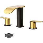 WOWOW Waterfall Bathroom Faucet 3 Holes 8Inch Widespread Bathroom Sink Faucet, Two Handles Lavatory Vanity Sink Faucets with Pop-up Drain & Supply Hoses, Modern Faucet Mixer Taps Black and Gold