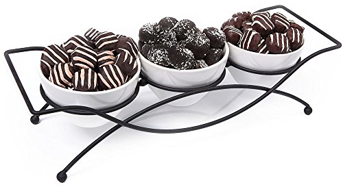 Elegant 4-piece Relish Tray with White Ceramic Bowl. Server Set with Metal Rack. Buffet Server for Candy, Nuts and Dips.