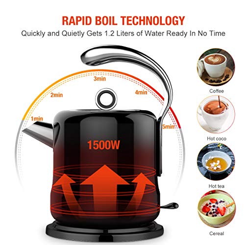 SimpleTaste Stainless Steel Electric Kettle 1.2L Fast Heating Water Boiler with Auto-off and Boil-dry Protection, Stylish Easy-to-clean Coffee and Tea Pot, 1500 Watts, Black