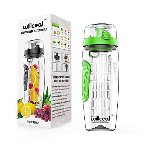 Willceal Fruit Infuser Water Bottle 32oz Durable, Large - BPA Free Tritan, Flip Lid, Leak Proof Design - Sports, Camping (Green)