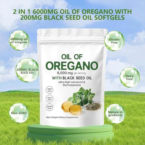 Oregano Oil with Black Seed Oil Capsules – 2-in-1 Formula for Immune Support – Plant-Based, Non-GMO Oil of Oregano Capsules (180 Softgels/1 Bag)