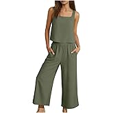 SCRRMZO Linen Sets for Women 2 Piece Tank Top & Linen Pants Matching Lounge Set Casual Summer Beach Vacation Trendy Clothes