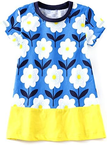 Heris Girl's Summer Cotton Shortsleeve Crewneck Cute Print Dress(4T,Flower1)