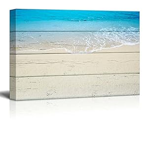 Canvas Wll Art - Tropical Beach with Clear Waves on Wooden Feeling Background - Giclee Print and Stretched Gallery Wrap | Modern Home Art Ready to Hang - 12"x18"