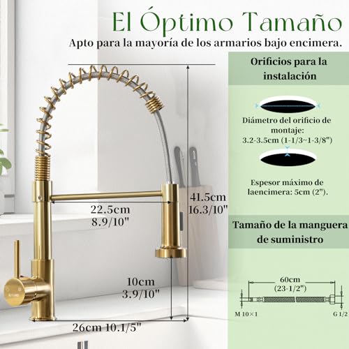 BLYLUND Grifo de Cocina Dorado, Grifo Monomando de Latón para Fregadero de Cocina con Rociador Extraíble de 2 Vías Caliente y Frío, Oro