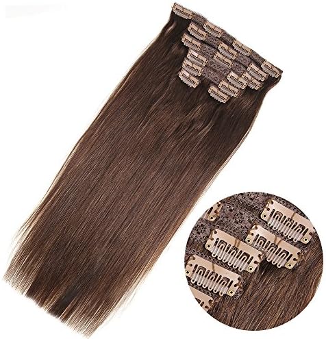 HEESAGA Clip In Human Hair Extensions Straight 80 Grams/2.82oz 7 Pieces 16 Clips Brazilian Virgin Hair (12inch 80g, 4# Medium Brown)