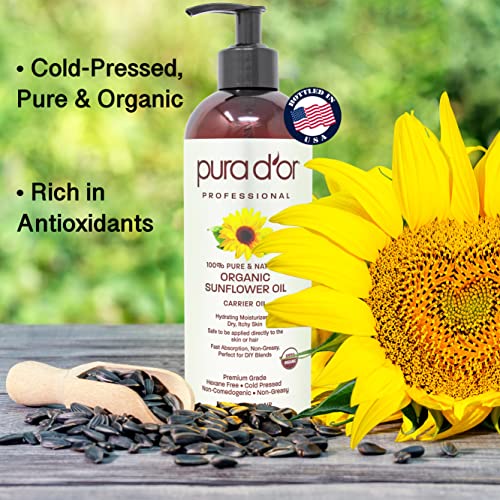 PURA D'OR Organic Sunflower Seed Oil (16oz) USDA Certified 100 Pure
