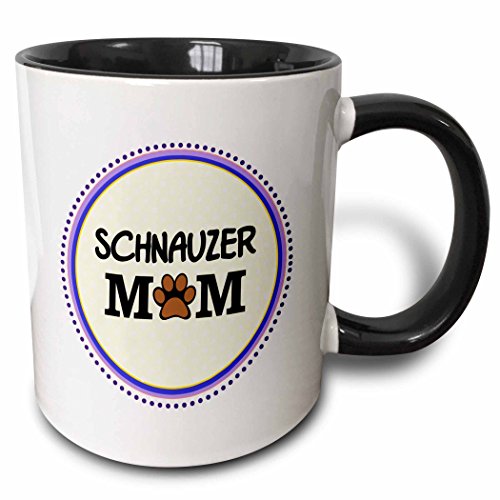 3dRose (mug_151809_4) Schnauzer Dog Mom - Doggie mama by breed - paw print mum love doggy lover - pet owner purple circle - Two Tone Black Mug, 11oz