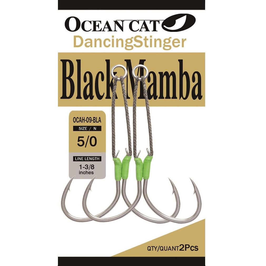 OCEAN CAT Rigged Assist Circle Hooks Dancing Stinger Jigging Slow Fall Fast Picth Jigs Hook Monster Butterfly Spirit Black Mamba for South California Tuna Bass Shark (Black Mamba-5/0, 5 Packs)